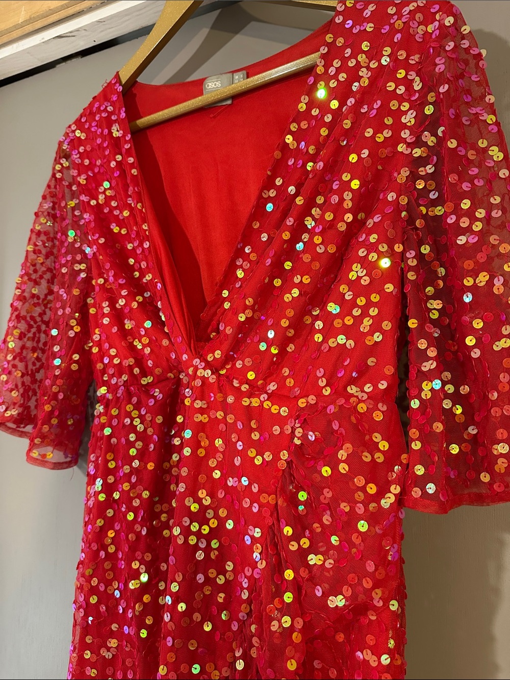 ASOS Red Sequin Midi Dress Size 6 Holiday Party Cocktail Wrap Style - Picture 7 of 10